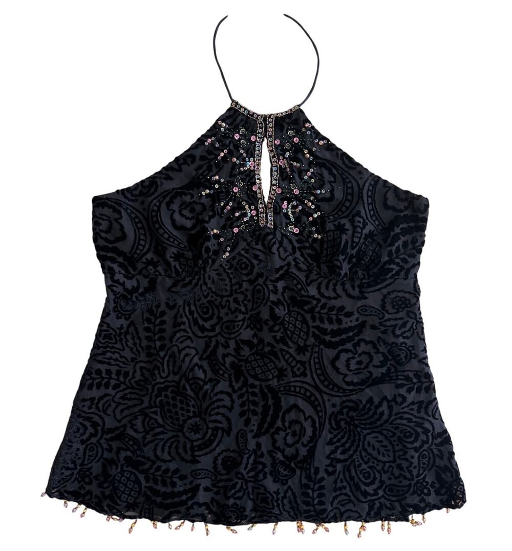 vintage y2k Ice velvet halter top beaded fringe trim large whimsigoth